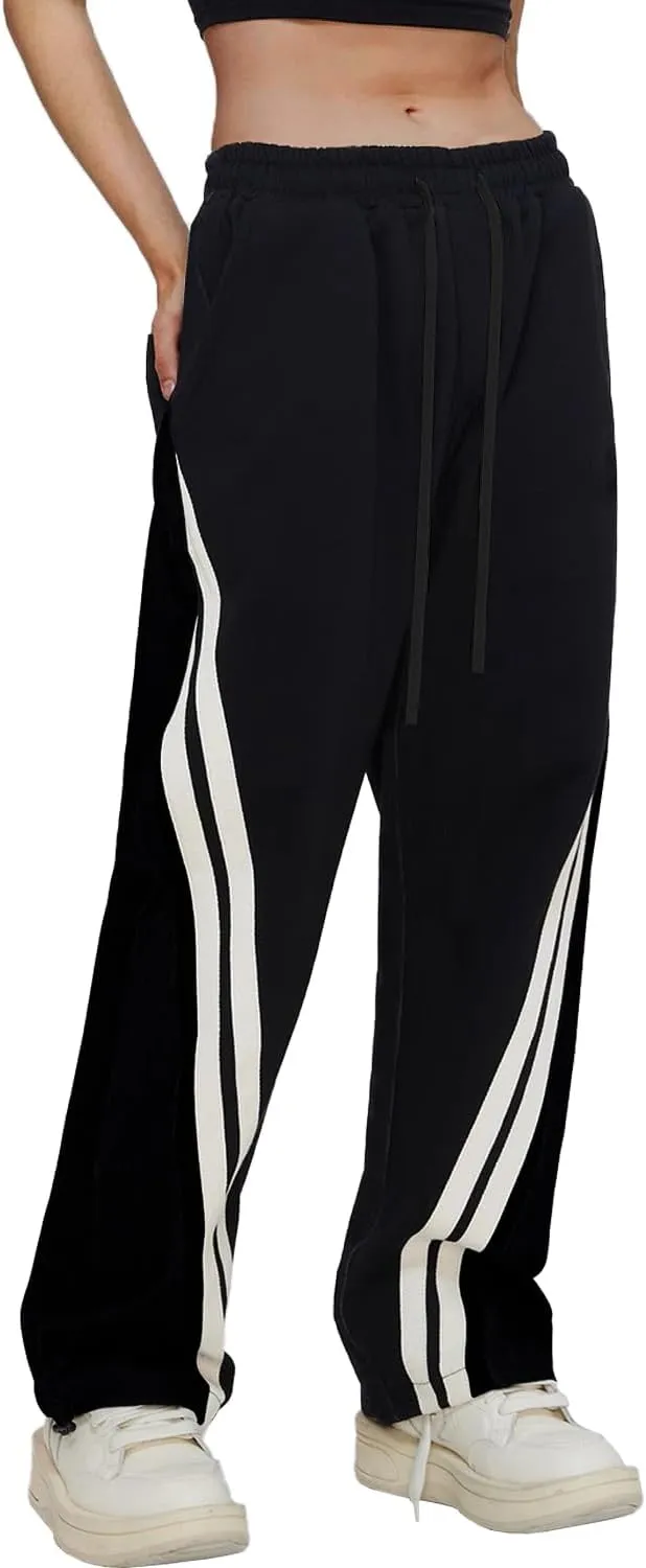 HVEPUO Womens Elastic Waist Drawstring Black Pants Striped Patchwork Cotton Trousers High Waisted Wide Leg Streetwear Pants