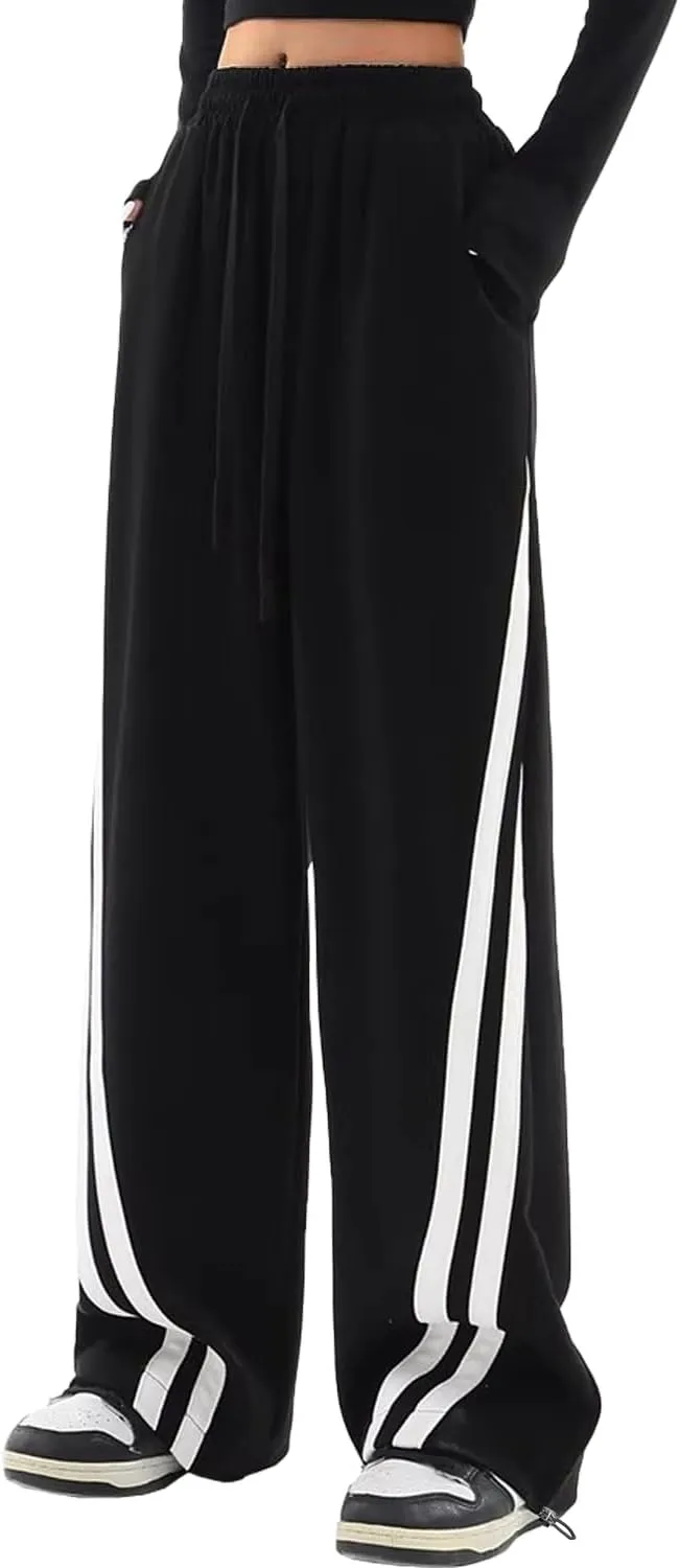 HVEPUO Womens Elastic Waist Drawstring Black Pants Striped Patchwork Cotton Trousers High Waisted Wide Leg Streetwear Pants