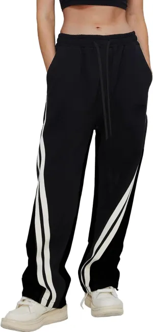 HVEPUO Womens Elastic Waist Drawstring Black Pants Striped Patchwork Cotton Trousers High Waisted Wide Leg Streetwear Pants