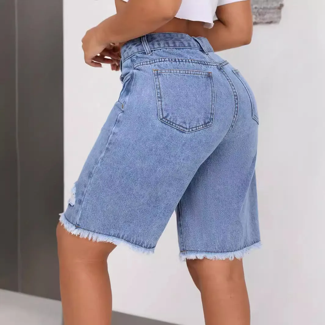 INS Casual Ripped Jeans Shorts – Blue Loose Street Hipster Style