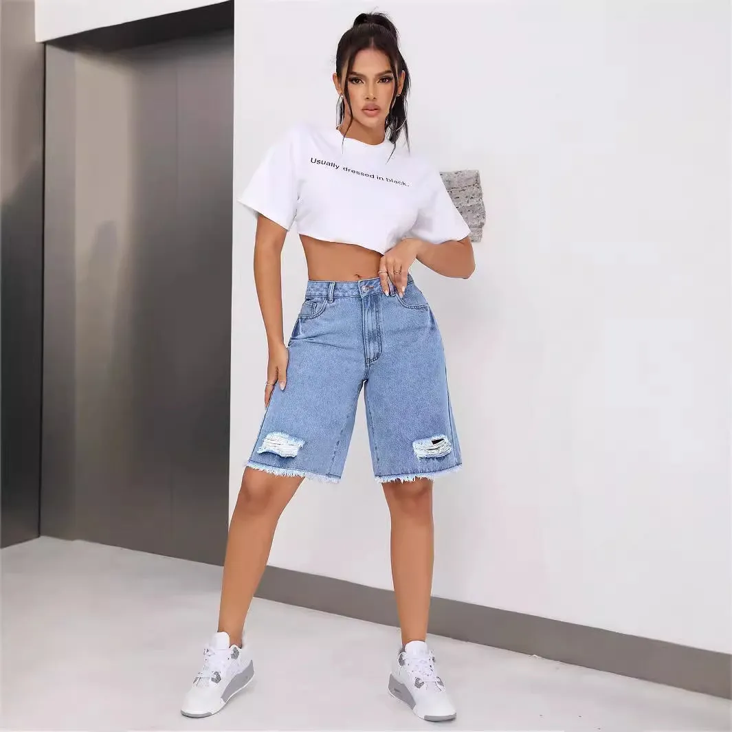 INS Casual Ripped Jeans Shorts – Blue Loose Street Hipster Style