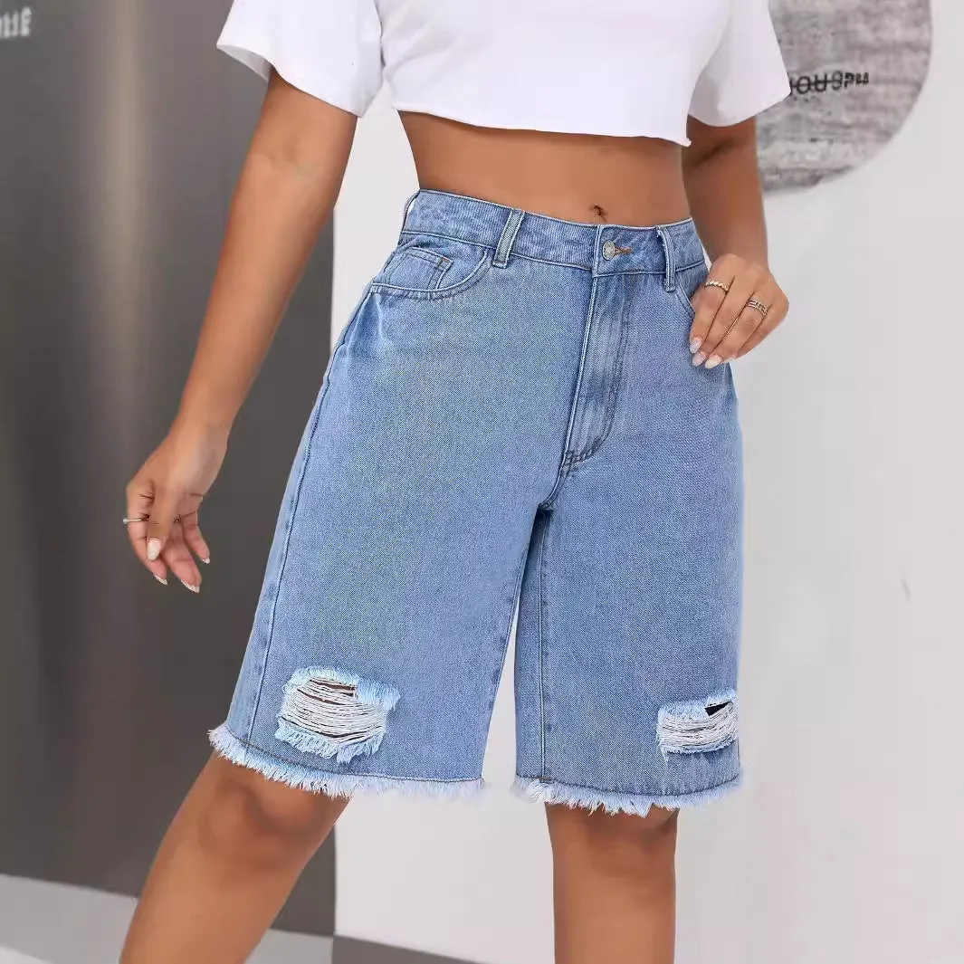 INS Casual Ripped Jeans Shorts – Blue Loose Street Hipster Style