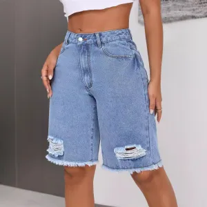 INS Casual Ripped Jeans Shorts – Blue Loose Street Hipster Style
