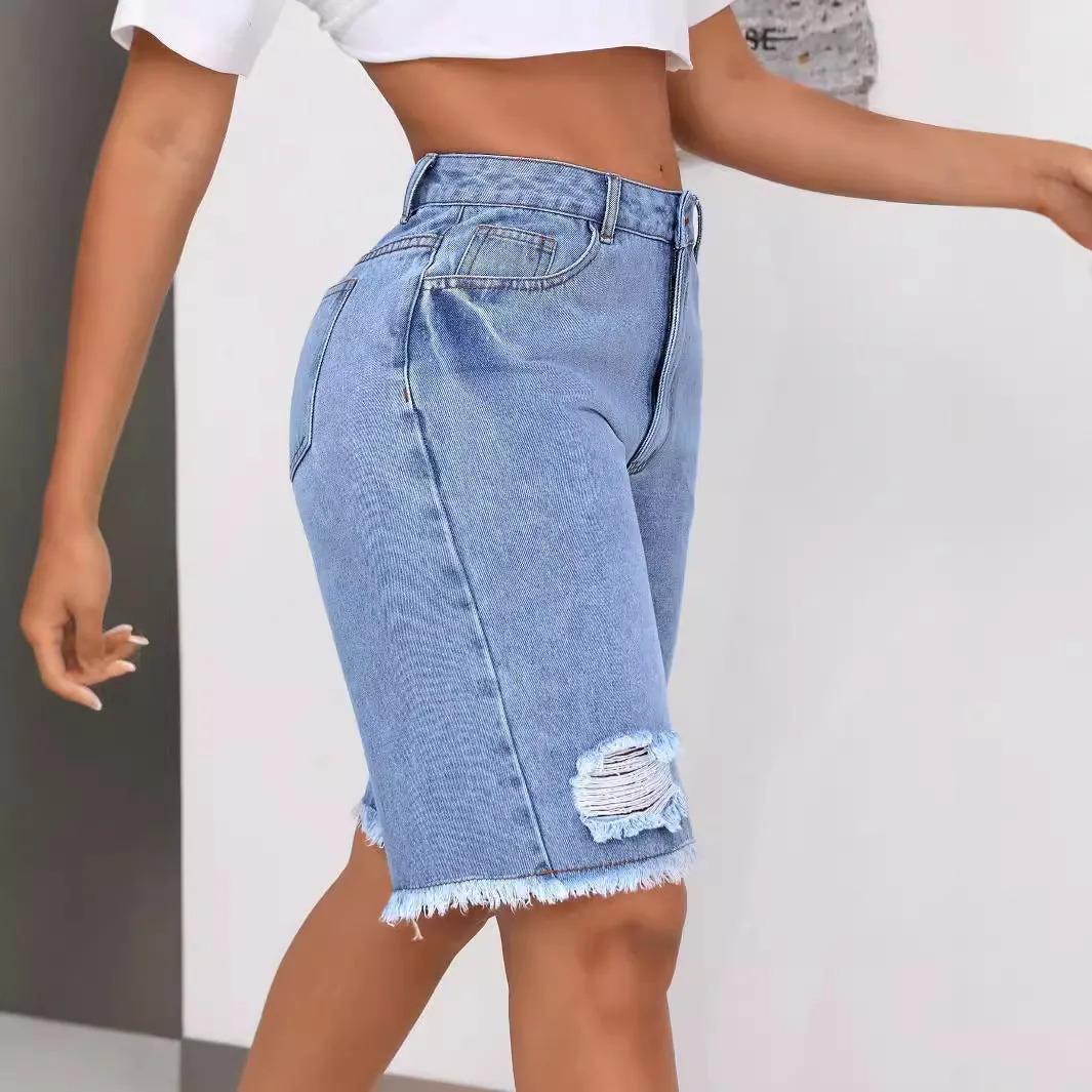 INS Casual Ripped Jeans Shorts – Blue Loose Street Hipster Style