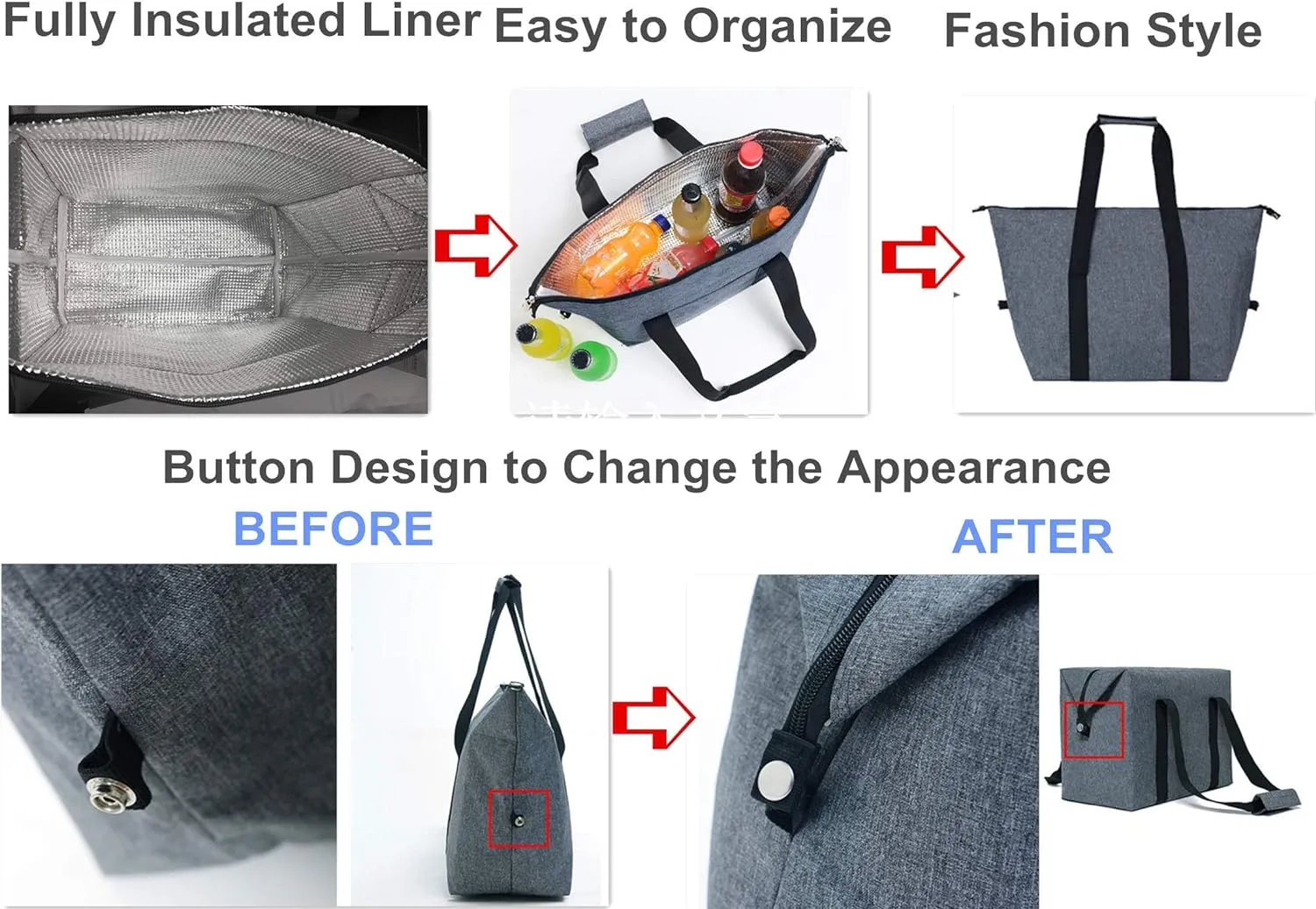 Insulated Shopping Cooler Bags with Zippered Top for Groceries, Reusable Thermal Foam Tote Bag for Travel, Picnic or Lunch Foods, Black