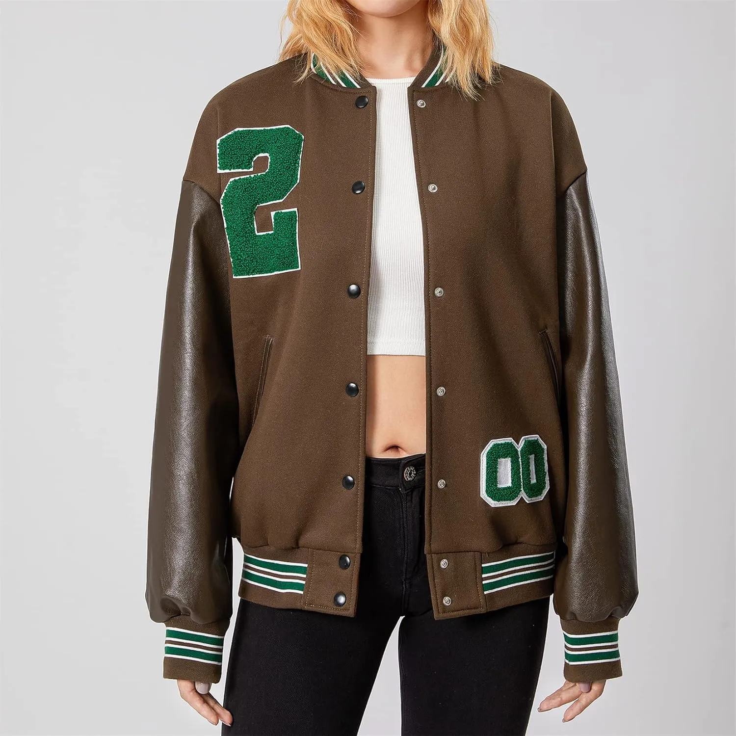 iTranyee Women's Vintage Varsity Jackets Retro Baseball Bomber Jackets Y2k Button Down Long Sleeve Oversized Coat Streetwear