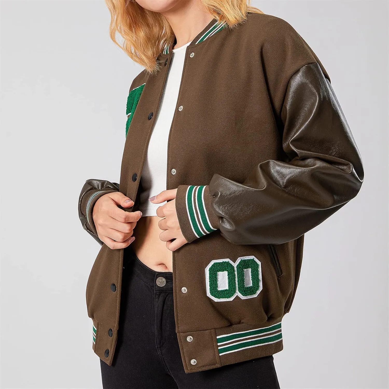 iTranyee Women's Vintage Varsity Jackets Retro Baseball Bomber Jackets Y2k Button Down Long Sleeve Oversized Coat Streetwear