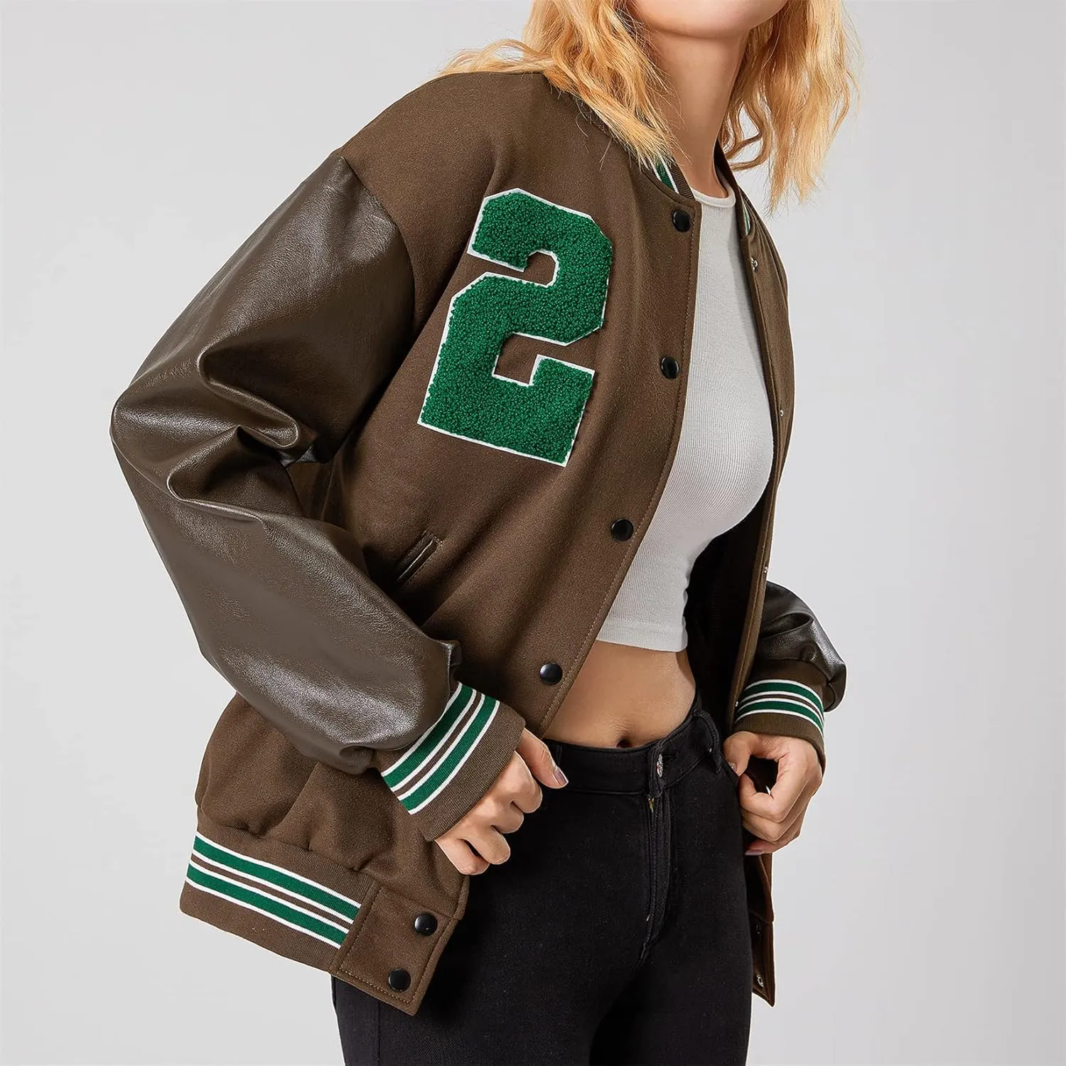 iTranyee Women's Vintage Varsity Jackets Retro Baseball Bomber Jackets Y2k Button Down Long Sleeve Oversized Coat Streetwear