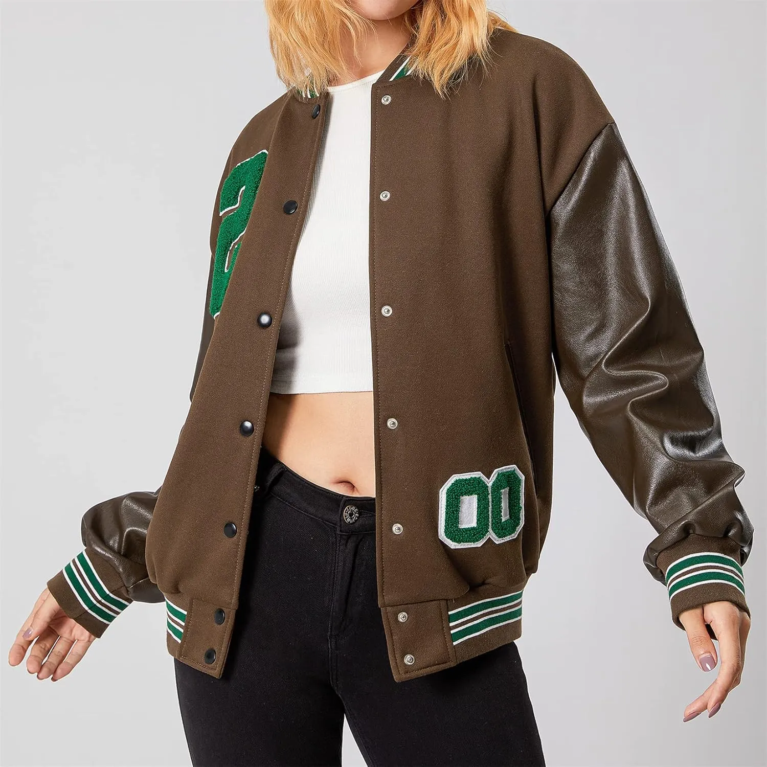 iTranyee Women's Vintage Varsity Jackets Retro Baseball Bomber Jackets Y2k Button Down Long Sleeve Oversized Coat Streetwear