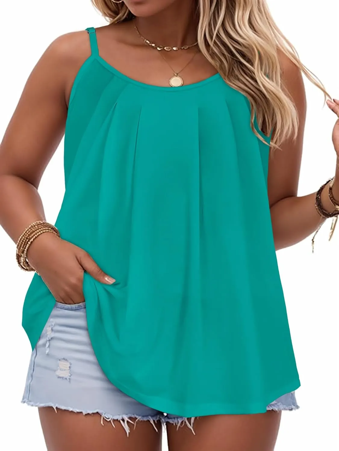 JOELLYUS Plus Size Tank Tops for Women Summer Casual Loose Pleated Spaghetti Strap Camisole Sleeveless Flowy Tunic Blouses