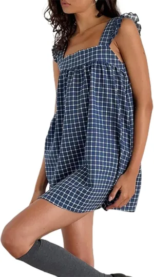 Juakoso Women Y2k Cute Babydoll Mini Dress Bow Tie A-Line Ruffle Short Dress Fairycore Backless Flowy Sun Dress