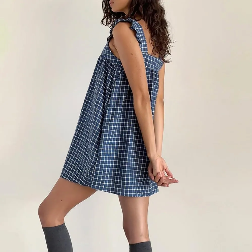 Juakoso Women Y2k Cute Babydoll Mini Dress Bow Tie A-Line Ruffle Short Dress Fairycore Backless Flowy Sun Dress