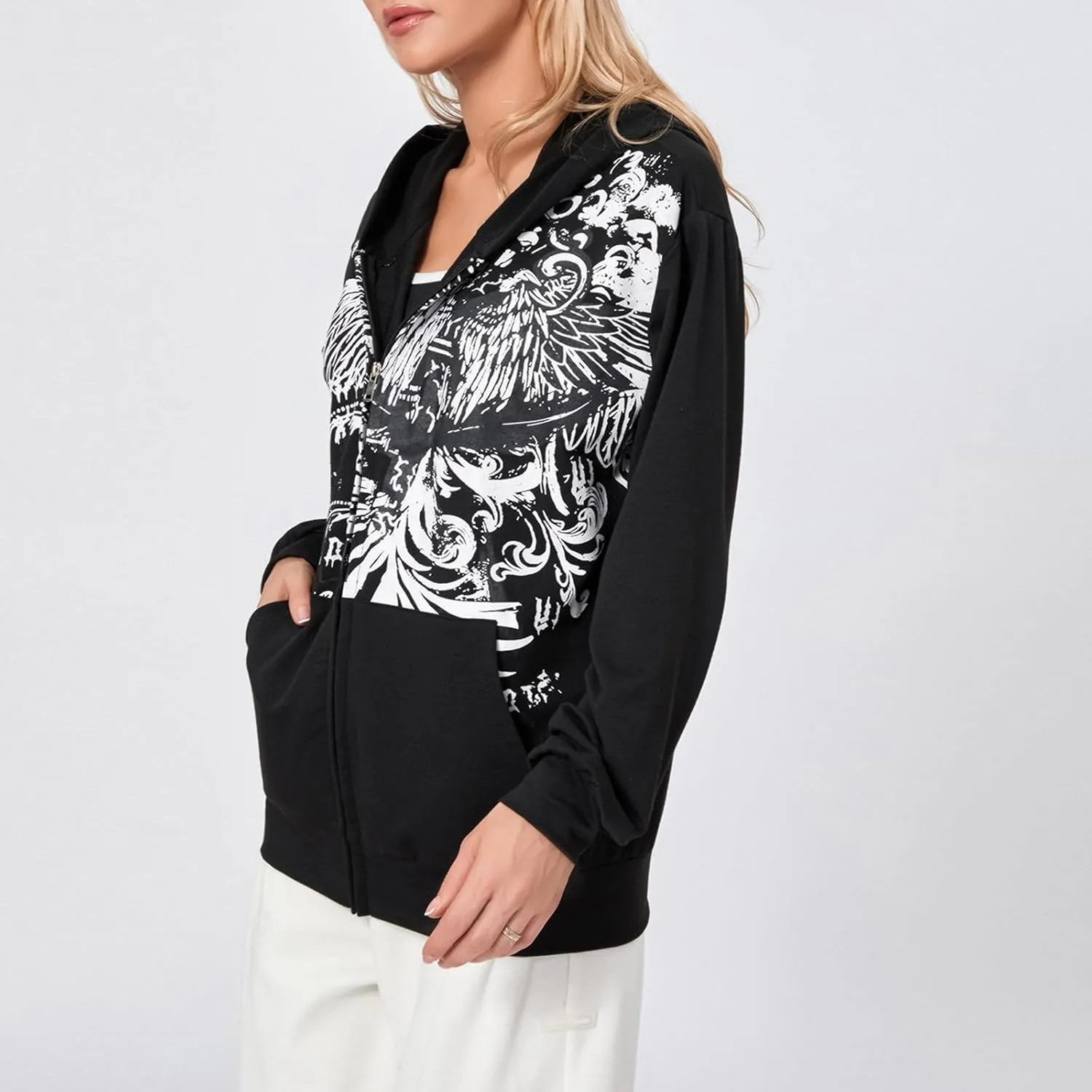Karwuiio Women Men Zip Up Hoodie Y2k Vintage Graphic Oversized Sweatshirt Jacket Pullover Coats Gothic Streetwear