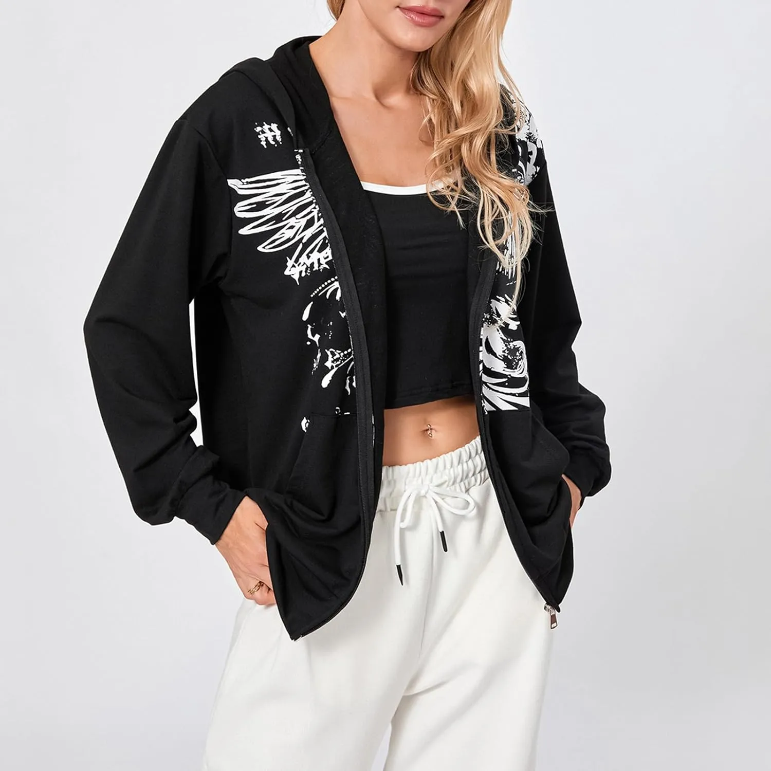 Karwuiio Women Men Zip Up Hoodie Y2k Vintage Graphic Oversized Sweatshirt Jacket Pullover Coats Gothic Streetwear