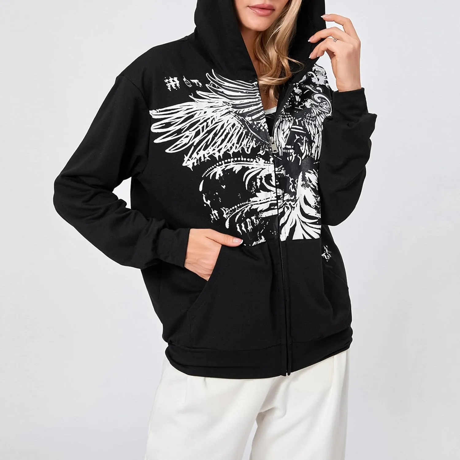 Karwuiio Women Men Zip Up Hoodie Y2k Vintage Graphic Oversized Sweatshirt Jacket Pullover Coats Gothic Streetwear