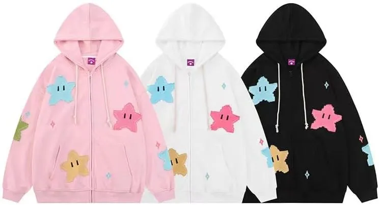 Kawaii Oversized Zip Up Hoodies Star Print Baggy Coats for Women Long Sleeve Baggy Sweatshirts Aesthetic Preppy Top