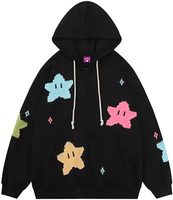 Kawaii Oversized Zip Up Hoodies Star Print Baggy Coats for Women Long Sleeve Baggy Sweatshirts Aesthetic Preppy Top
