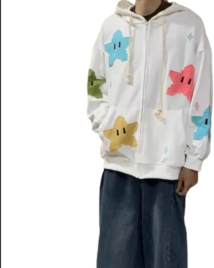 Kawaii Oversized Zip Up Hoodies Star Print Baggy Coats for Women Long Sleeve Baggy Sweatshirts Aesthetic Preppy Top