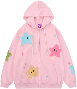Kawaii Oversized Zip Up Hoodies Star Print Baggy Coats for Women Long Sleeve Baggy Sweatshirts Aesthetic Preppy Top