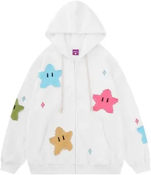 Kawaii Oversized Zip Up Hoodies Star Print Baggy Coats for Women Long Sleeve Baggy Sweatshirts Aesthetic Preppy Top