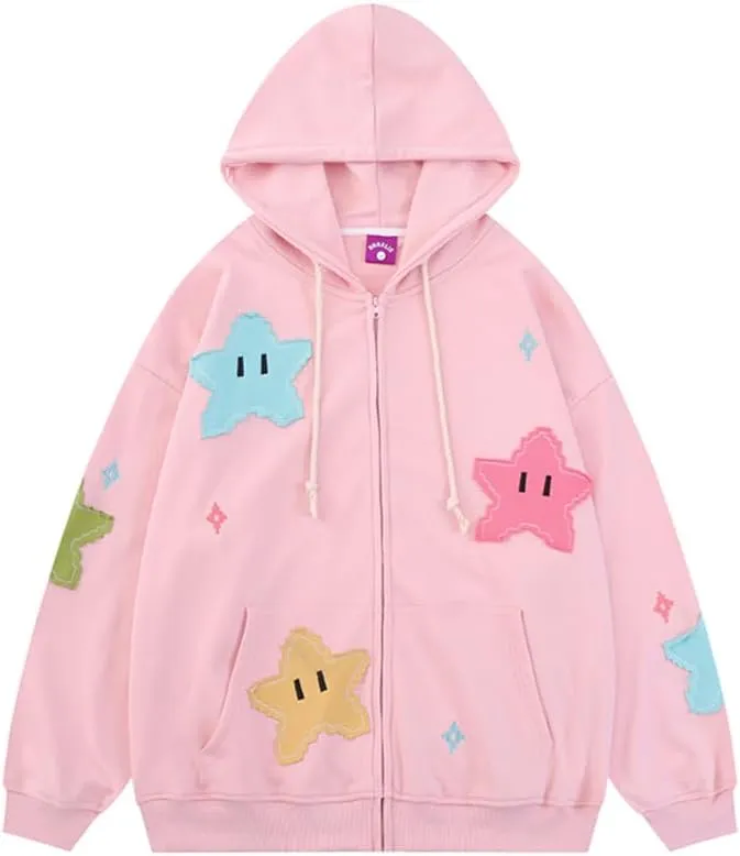 Kawaii Oversized Zip Up Hoodies Star Print Baggy Coats for Women Long Sleeve Baggy Sweatshirts Aesthetic Preppy Top