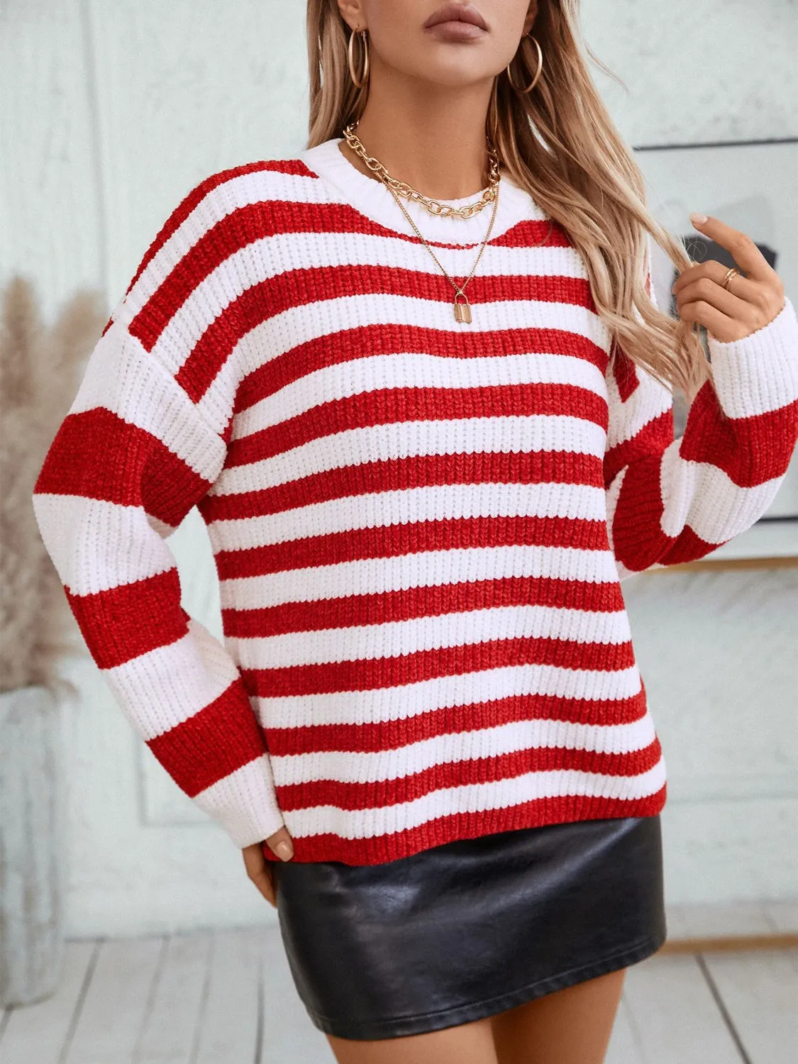 kesley Striped Round Neck Long Sleeve Sweater