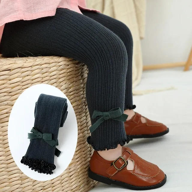 Kids Cotton Warm Ribbed Leggings Child Girl Solid Shaping Cute Princess Bow Lace Pants