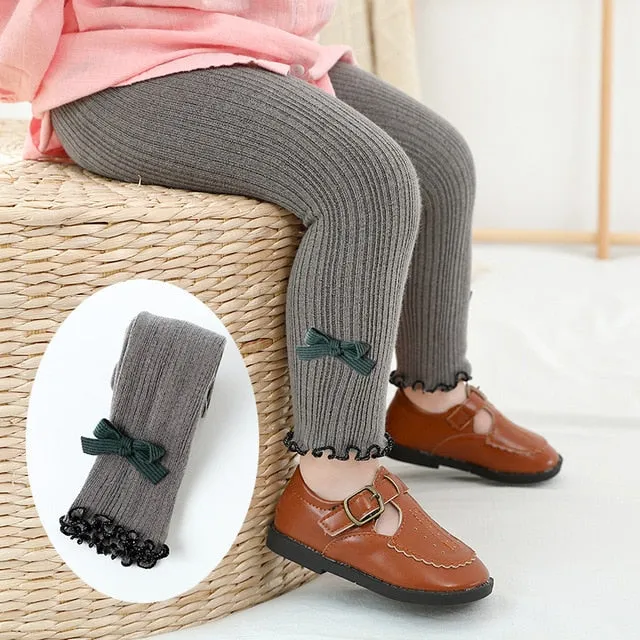 Kids Cotton Warm Ribbed Leggings Child Girl Solid Shaping Cute Princess Bow Lace Pants