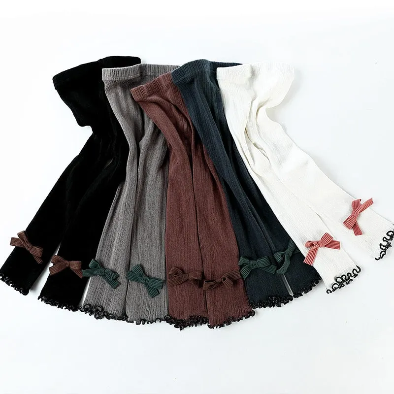 Kids Cotton Warm Ribbed Leggings Child Girl Solid Shaping Cute Princess Bow Lace Pants