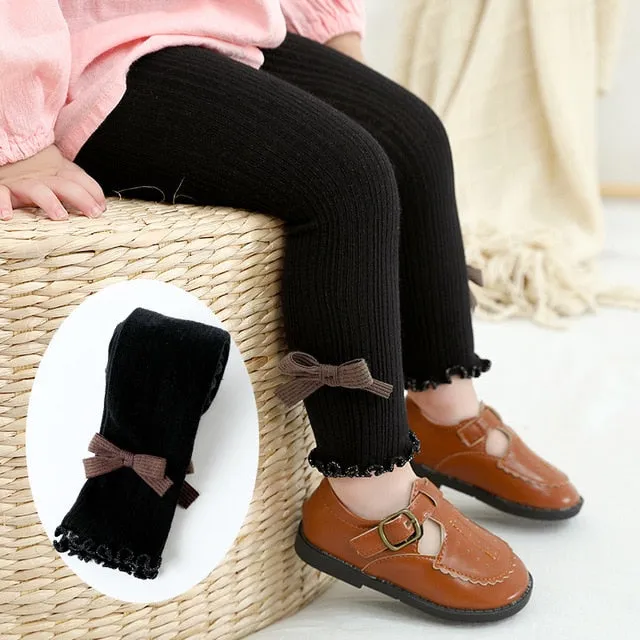 Kids Cotton Warm Ribbed Leggings Child Girl Solid Shaping Cute Princess Bow Lace Pants