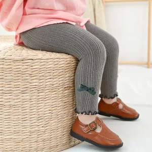 Kids Cotton Warm Ribbed Leggings Child Girl Solid Shaping Cute Princess Bow Lace Pants