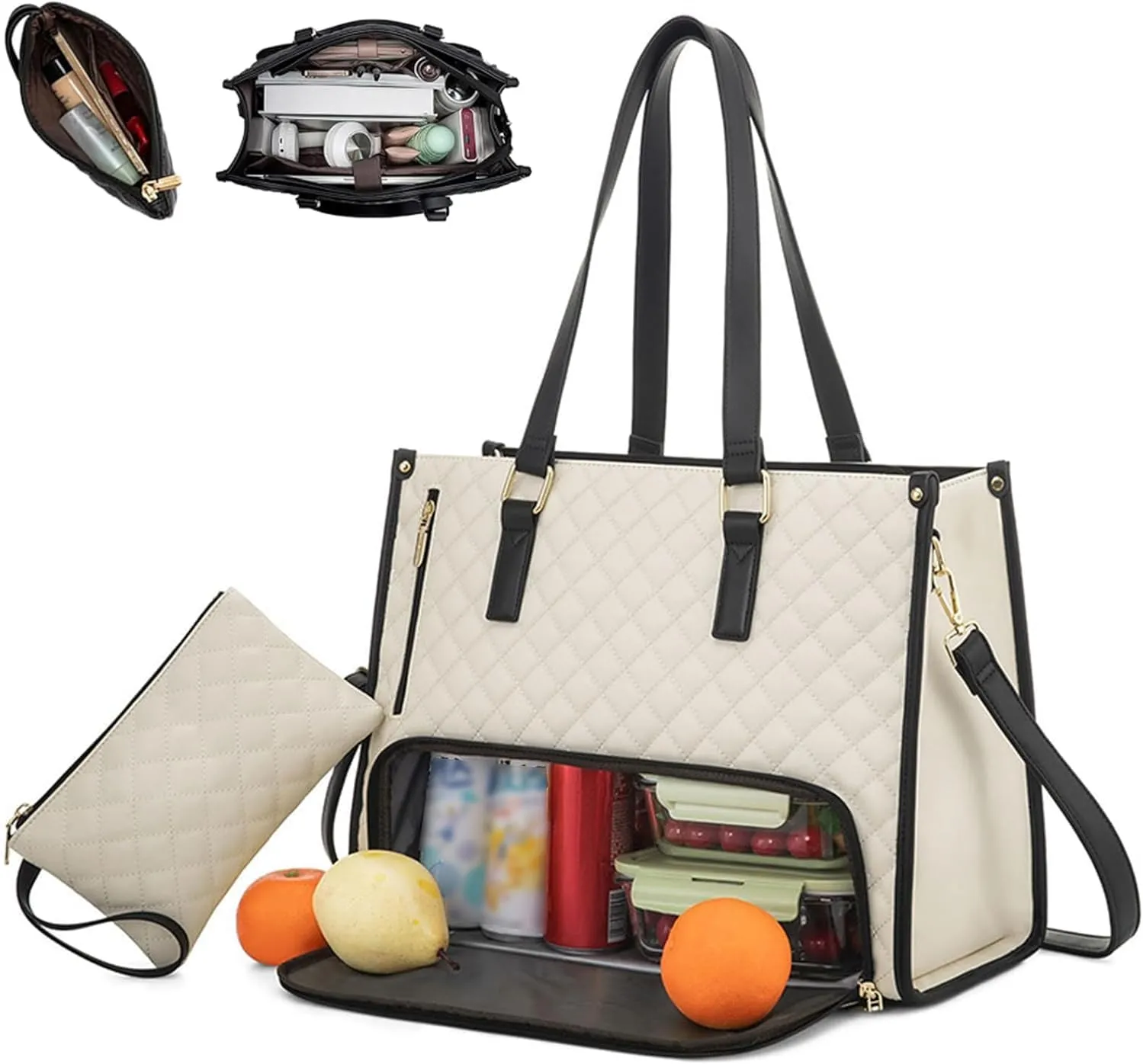 Laptop Tote Bag with Insulated Lunch Compartment for Women, 15.6 Inch PU Leather Briefcase with Leakproof Lunch Box Pocket