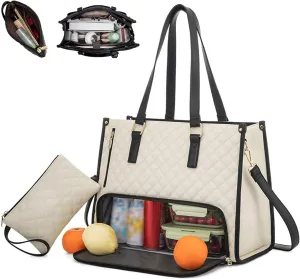 Laptop Tote Bag with Insulated Lunch Compartment for Women, 15.6 Inch PU Leather Briefcase with Leakproof Lunch Box Pocket