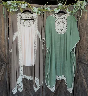 Lets Play Plus Sage Crochet Lace Kimono (olive)