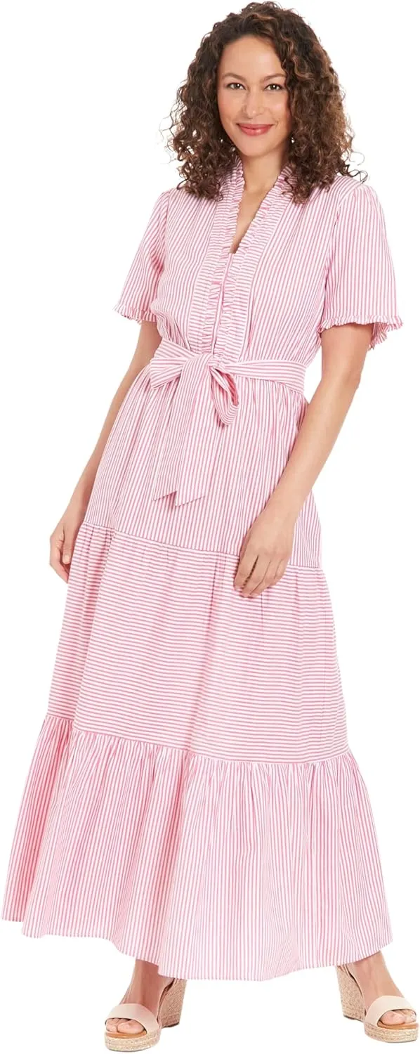 London Times Women's Ruffle Neck Tiered Maxi with Sash