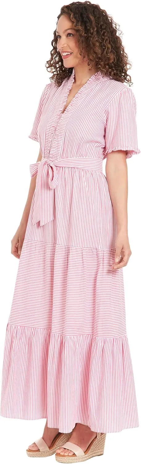 London Times Women's Ruffle Neck Tiered Maxi with Sash