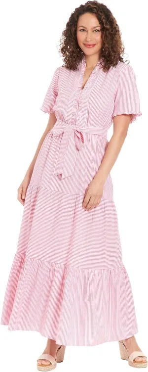 London Times Women's Ruffle Neck Tiered Maxi with Sash