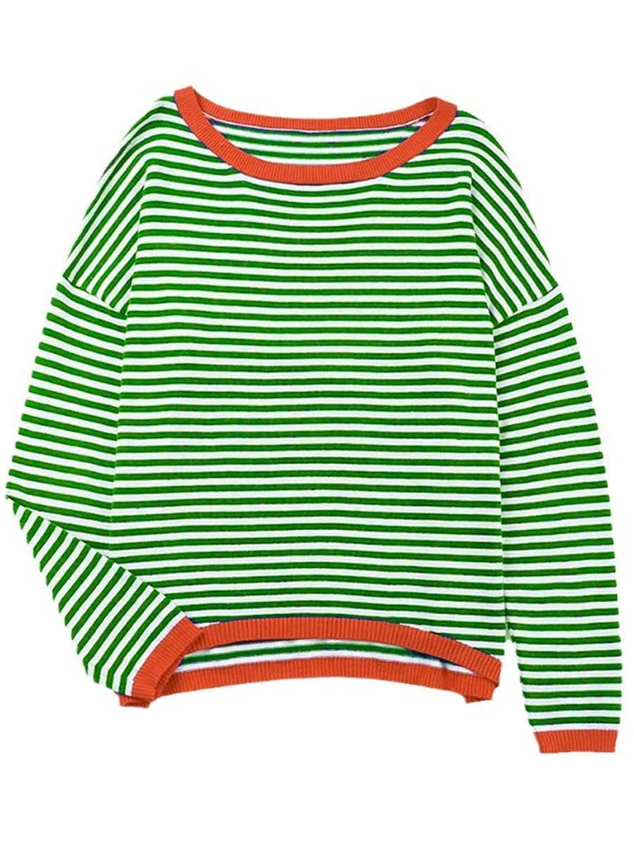 Long-Sleeved Knitted Sweater with Striped Contrast