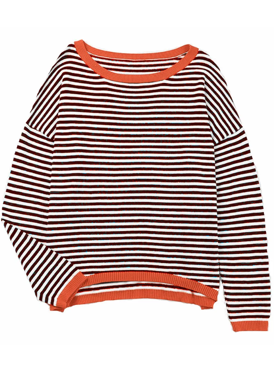 Long-Sleeved Knitted Sweater with Striped Contrast
