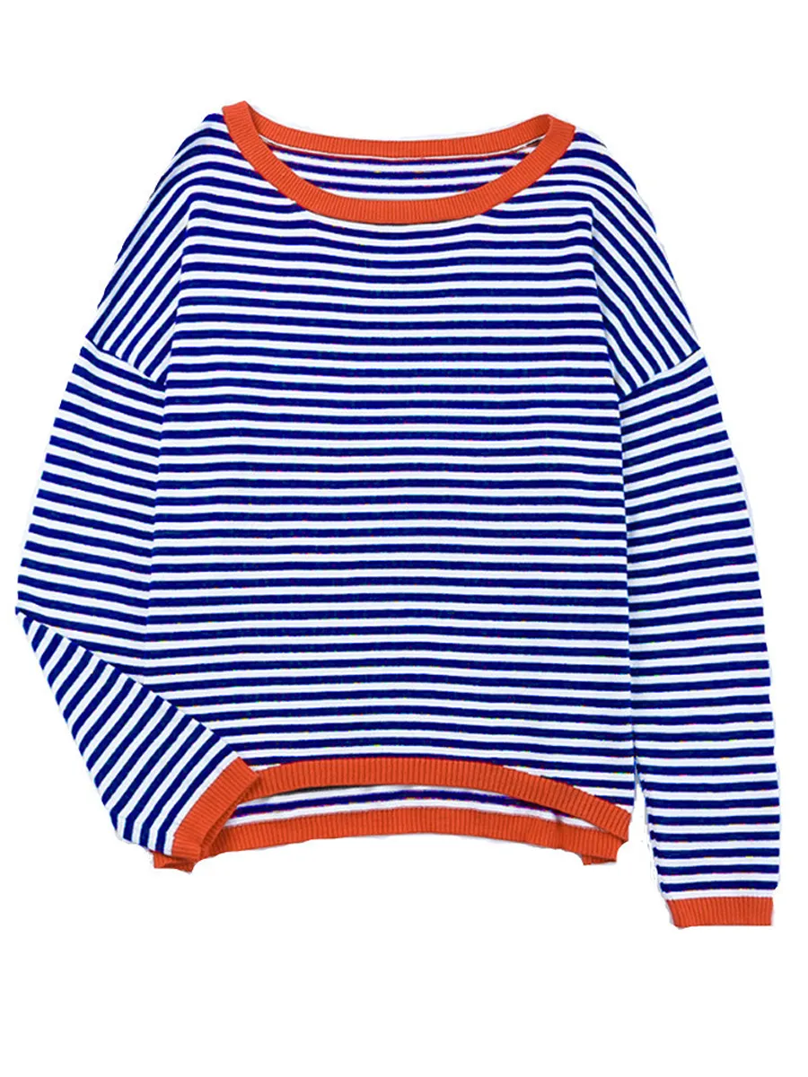 Long-Sleeved Knitted Sweater with Striped Contrast