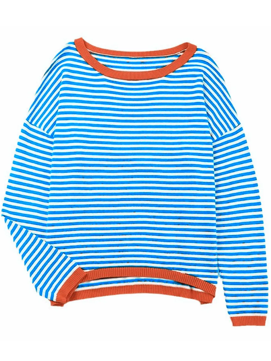 Long-Sleeved Knitted Sweater with Striped Contrast