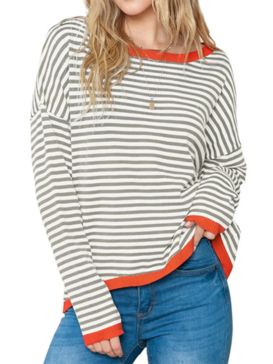Long-Sleeved Knitted Sweater with Striped Contrast
