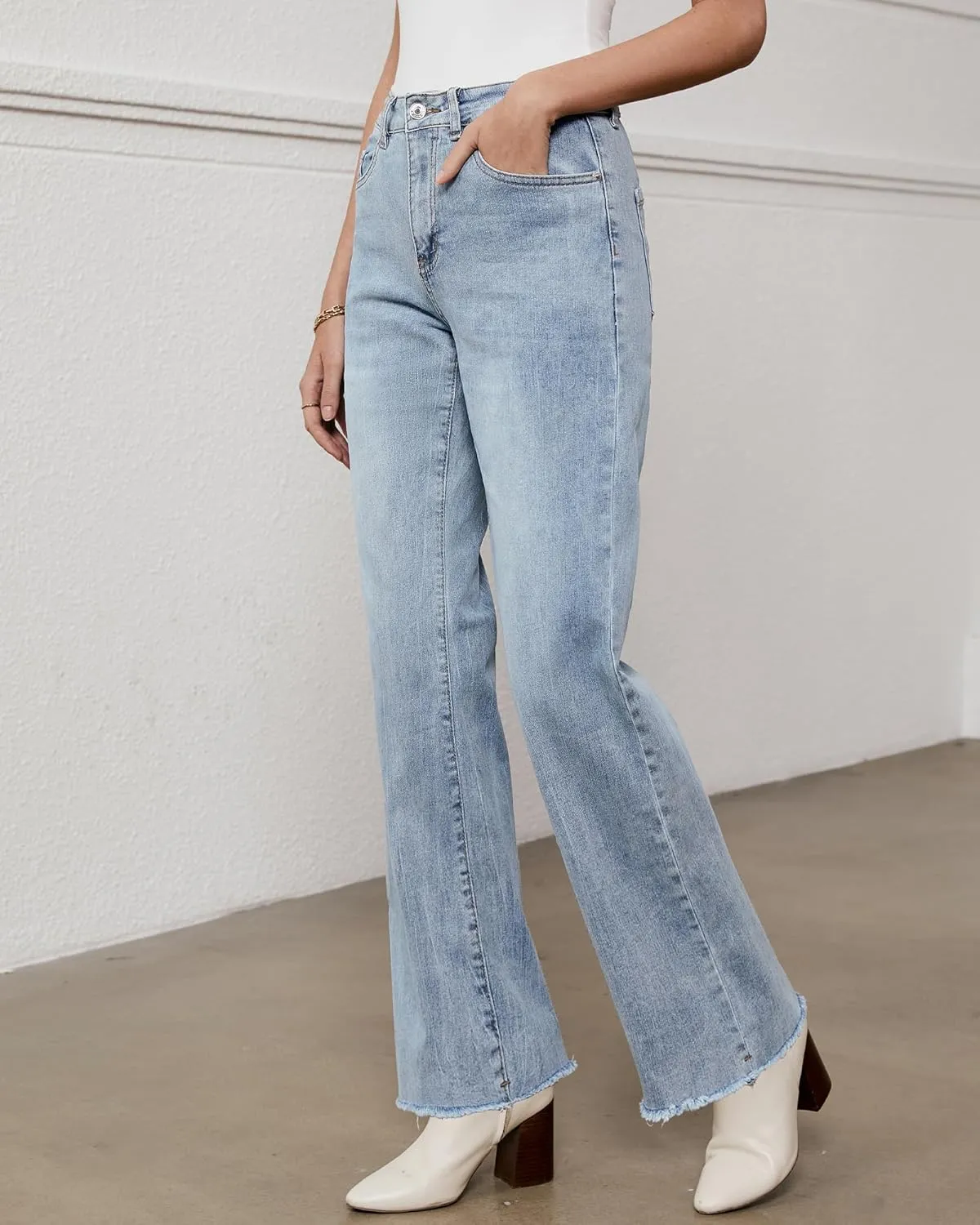 LookbookStore Wide Leg Jeans for Women Trendy High Waisted Straight Leg Frayed Hem Baggy Stretchy Denim Trousers Pants