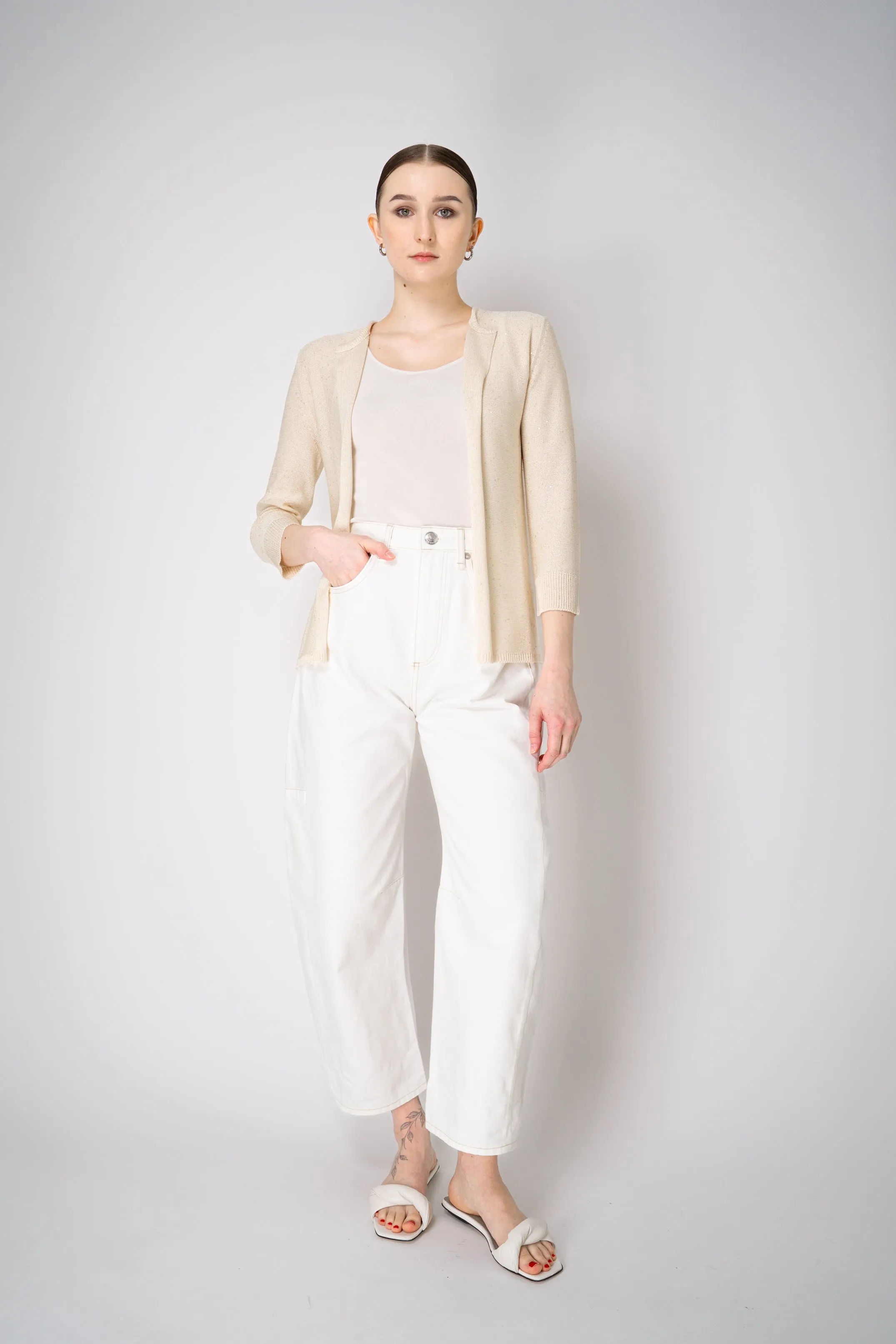 Lorena Antoniazzi Liquid Drape Open Front Cardigan with Tonal Sequin Details in Gold