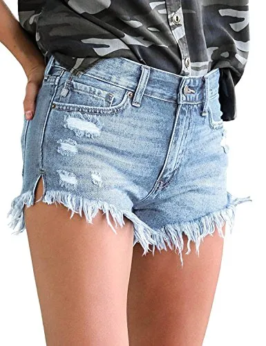 luvamia Women's Mid Rise Shorts Frayed Raw Hem Ripped Denim Jean Shorts Light Blue, Size M