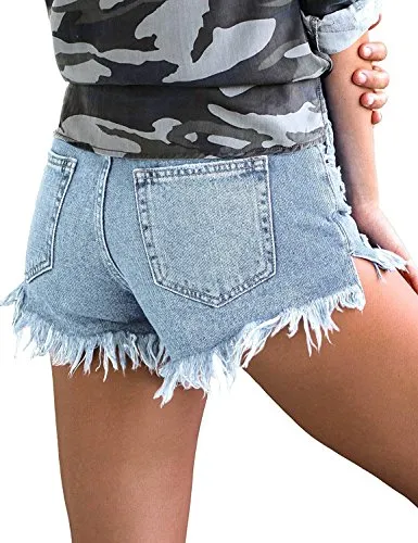 luvamia Women's Mid Rise Shorts Frayed Raw Hem Ripped Denim Jean Shorts Light Blue, Size M