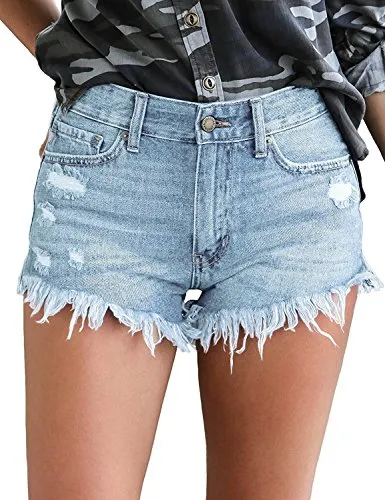 luvamia Women's Mid Rise Shorts Frayed Raw Hem Ripped Denim Jean Shorts Light Blue, Size M