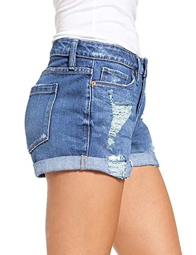 luvamia Women's Ripped Denim Jean Shorts Mid Rise Stretchy Folded Hem Short Jeans Blue Size XX-Large