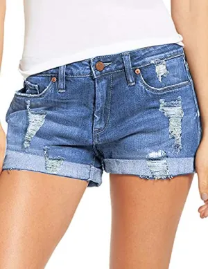 luvamia Women's Ripped Denim Jean Shorts Mid Rise Stretchy Folded Hem Short Jeans Blue Size XX-Large