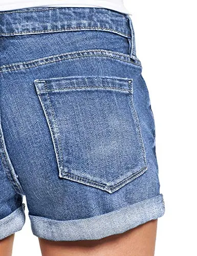 luvamia Women's Ripped Denim Jean Shorts Mid Rise Stretchy Folded Hem Short Jeans Blue Size XX-Large